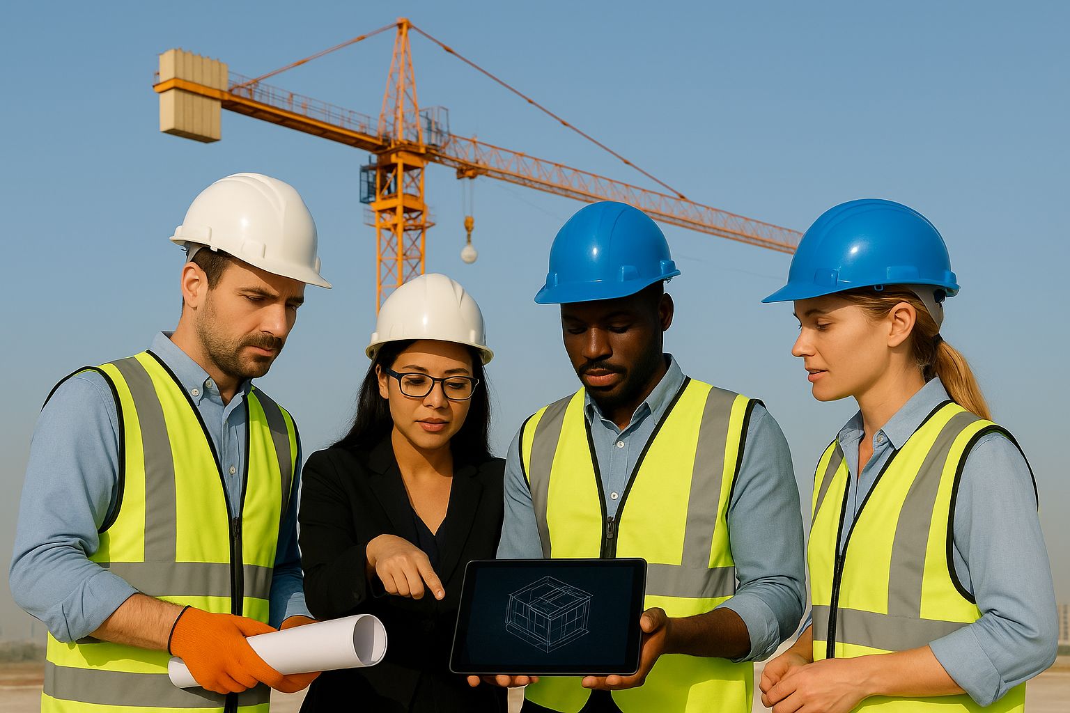 Byggekraner og høyhus på en stor internasjonal byggeplass.